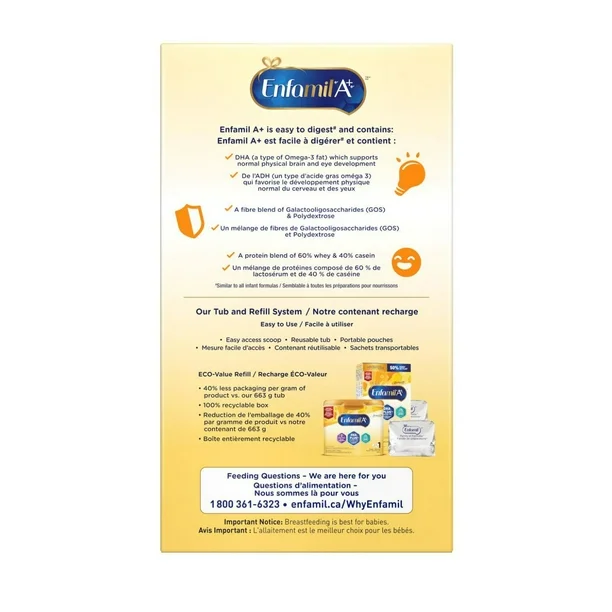 25e3a2c1-4a23-4497-86bb-e195d670cf7b.3673aec5c29688bb43c9ed5dfbeeaafe Enfamil A+, Baby Formula, Value Pack, Powder Refill, DHA (a type of Omega-3 fat) to help support brain development, Age 0-12 months, 992g, 2 x 496g - Image 4
