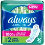 Always Ultra Thin Feminine Pads with Wings for Women, Size 2, Long Super Absorbency, Unscented, 20CT